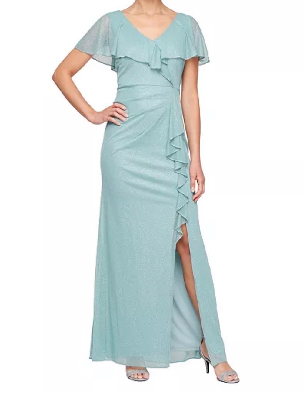 SLNY Women's Long Cascade Ruffle Front Dress with Bugle Beads